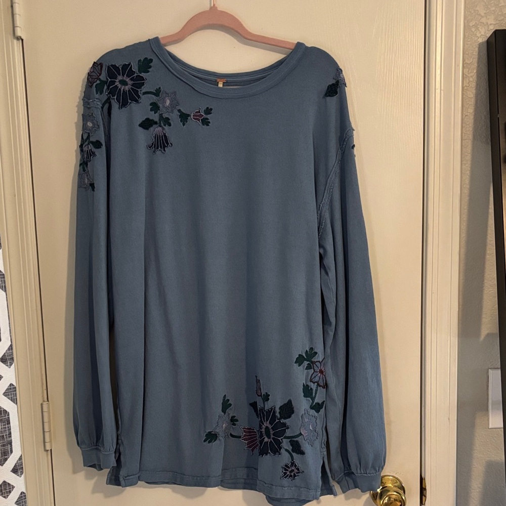 Free People Blue Floral Embroidered Long Sleeve Top